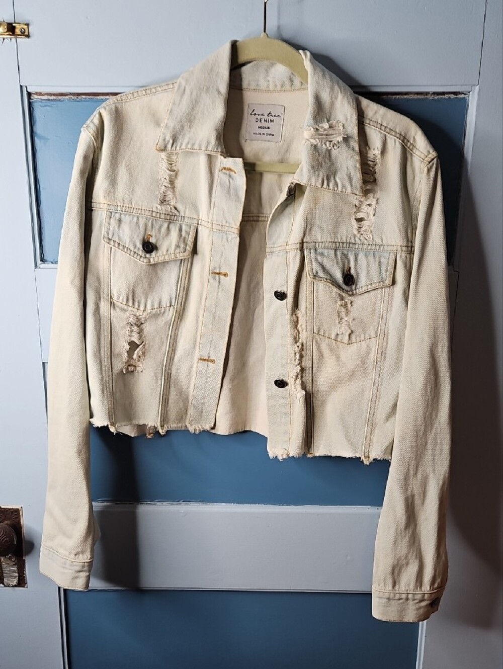 Love Tree Cream Cropped Denim Jacket with Floral Artwork Medium - Picture 4 of 11